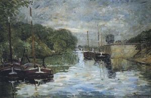Barques Sur Le Canal, Chalands Pres De L'ile De La Jatte by Emile Alfred Dezaunay