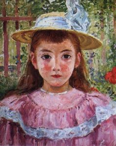Petit Fille A La Robe Rose Et Chapeau Jaune