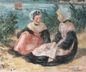 Deux Jeunes Bretonnes Et Le Sinagot Sur Le Golfe by Emile Alfred Dezaunay