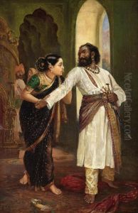 A Nobleman And A Maiden In A Palace Interior by Mahadev Vishvanath Dhurandhar