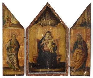 A Triptych: The Central Panel, Virgin And Child With God The Father Above, Centered By The Virgin Annunciate; The Left Panel, Saint Peter; The Right Panel, Saint Paul by Giovanni di Paolo