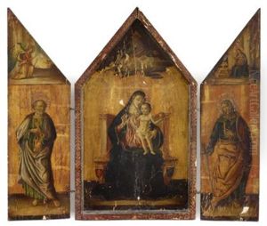 Virgin And Child With God The Father Above, Centered By The Virgin Annunciate, Saint Peter And Saint Paul (triptych) by Giovanni di Paolo