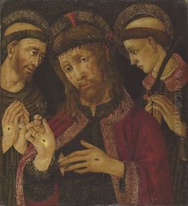 Christ As The Man Of Sorrows With Saint Francis Of Assisi And A Deacon Saint by Tommaso Di Piero Trombetto