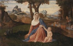The Rest On The Flight Into Egypt With The Penitent Saint Jerome In A Wooded River Landscape, Saint Antony Abbot And The Predication Of The Baptist Beyond by Benedetto Diana