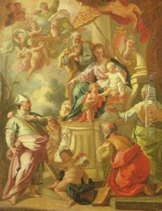 The Holy Family And The Infant Saint John The Baptist Surrounded By Numerous Saints And Putti by Giacinto Diana