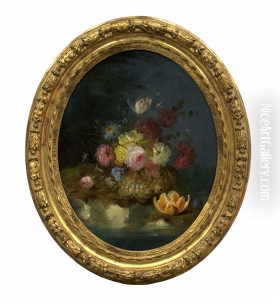 Fleurs, Pasteque, Fruits Et Raisins Sur Un Muret De Pierre (+ Jetee De Roses Et De Fleurs, Raisins Et Oranges, Sur Fond De Paysage; 2 Works) - view 1