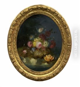 Fleurs, Pasteque, Fruits Et Raisins Sur Un Muret De Pierre (+ Jetee De Roses Et De Fleurs, Raisins Et Oranges, Sur Fond De Paysage; 2 Works) by Jules Edouard Diart