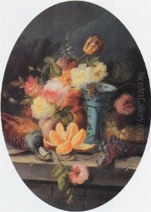 Still Life Of Flowers, Fruit And Fowl On A Stone Ledge, With Distant Landscape by Jules Edouard Diart