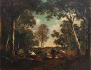 Fountainbleu Forest Scene With Stick Gatherer by Narcisse Virgile Diaz de la Pena
