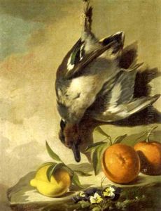 A Still Life With A Duck And Oranges And A Lemon On A Ledge (+ Another Still Life; Pair) by Gumersindo Diaz