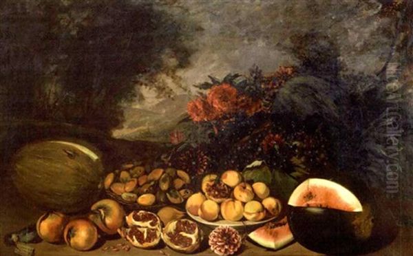 Still Life With Fruits, Flowers And Game On Table Amongst Tree, With A Town And Mountains In The Distance - view 1