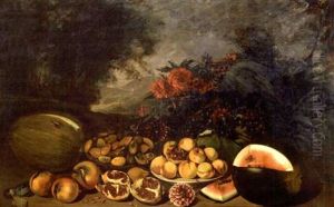 Still Life With Fruits, Flowers And Game On Table Amongst Tree, With A Town And Mountains In The Distance by Gumersindo Diaz