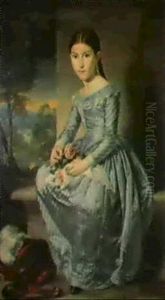 Retrato De Una Nina Sentada En Un Jardin by Rafael Tejeo Diaz