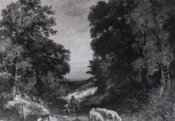 Wooded Landscape With Mother And Children Beside A Stream... - view 1