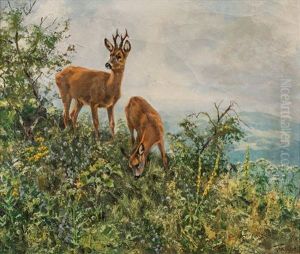 Fruhlingslandschaft Mit Asenden Rehen by Erich Dichtl