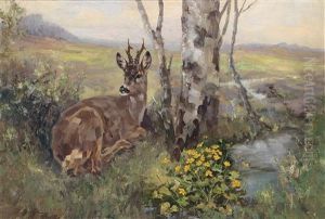 Rehbock Und Sumpfdotterblumen by Erich Dichtl