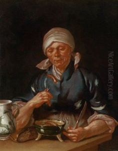 Eine Frau Bei Der Mahlzeit Von Wursteni Brot Und Wein by Martin Dichtl