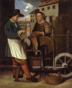 Ein Scherenschleifer Mit Einer Alten Frau Auf Einem Stadtplatz by Martin Dichtl