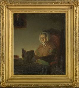 Elderly Woman Seated At A Desk Reading A Book By Candlelight by James L. Dick