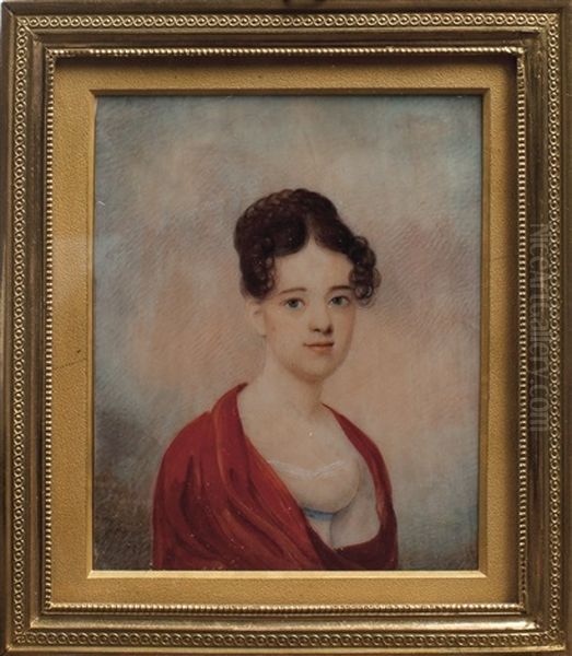 Portrait Of A Young Lady Wearing A White Gown And Red Wrap - view 1