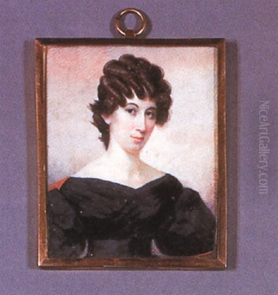 Portrait Of A Woman Wearing A Black Shoulderless Dress, Her Brunette Hair In Ringlets - view 1