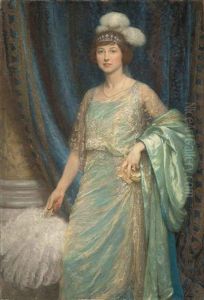 Portrait Of Mrs Norman Holbrook, In A Turquoise Dress And A White Fan by Frank Dicksee