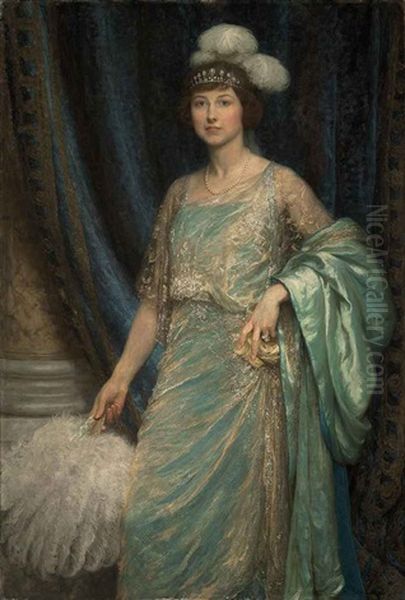 Portrait Of Mrs Norman Holbrook In A Turquoise Dress And A White Fan - view 1