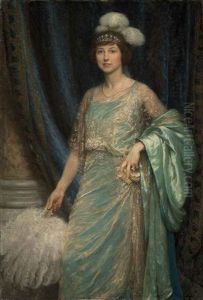Portrait Of Mrs Norman Holbrook In A Turquoise Dress And A White Fan by Frank Dicksee