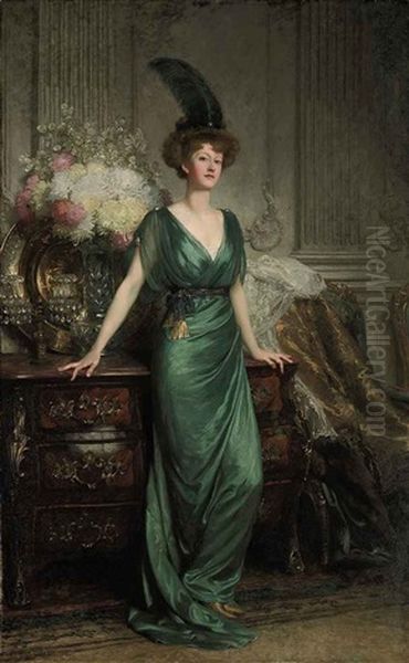 Portrait Of The Hon. Mrs Ernest Guinness, Standing Wearing An Emerald Dress And Feather - view 1