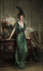Portrait Of The Hon. Mrs Ernest Guinness, Standing Wearing An Emerald Dress And Feather Portrait Of The Hon. Mrs Ernest Guinness, Standing Wearing An Emerald Dress And Feather
