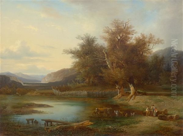 A Vast Landscape With Shepherds And Animals By A Water - view 1
