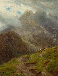 Cows Grazing On The Schwarzwaldalp Near Roslaui With The Engelhorner In The Background by Francois Diday