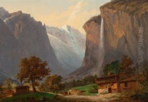 Der Staubbachfall Im Lauterbrunnental - Im Vordergrund Bauern Bei Der Arbeit