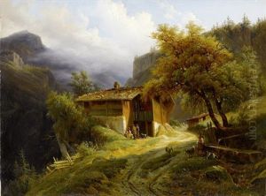 Gebirgslandschaft Mit Bauernhaus Und Figurenstaffage by Francois Diday