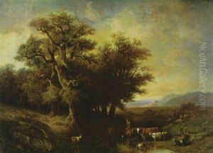 Landschaft Mit Hirten Und Seiner Herde An Einem Bach