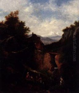 An Alpine Landscape With Figures By A Stream by Francois Diday