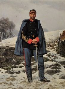 Officier En Pied S'appuyant Sur Son Sabre, Dans Un Paysage De Neige by Jules Didier