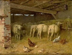 Blick In Einen Stall Mit Zahlreichen Schafen Und Federvieh by Jules Didier