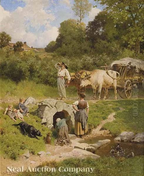 Farmer With Ox-wagon By A Stream - view 1