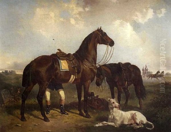 Rider With Bay Horses And Hound - view 1