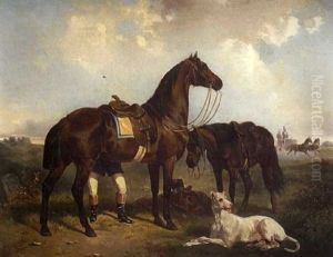 Rider With Bay Horses And Hound by Jules Didier