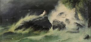 Meerjungfrau Auf Kustenfelsen In Sturmischer See by Karl Wilhelm Diefenbach