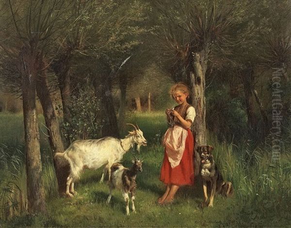 Strickendes Madchen Mit Zwei Ziegen Und Ihrem Hund - view 1