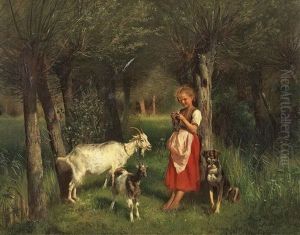 Strickendes Madchen Mit Zwei Ziegen Und Ihrem Hund