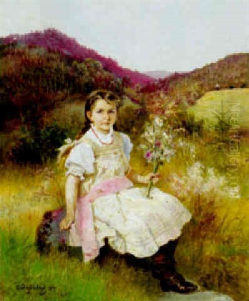 Maedchen Mit Feldblumenstrauss In Berglandschaft - view 1