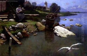 Partie Am Chiemsee Mit Blick Auf Die Fraueninsel by August Wilhelm Dieffenbacher