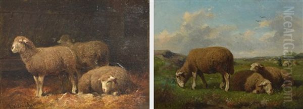 A Pair Of Oils On Panel, Interior And Outside Sheep Studies - view 1