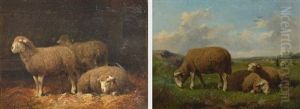 A Pair Of Oils On Panel, Interior And Outside Sheep Studies