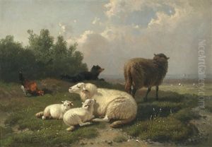 Sheep Resting; A Pair Each 16.8 X 24cm (6 5/8 X 9 7/16in).(2) by Jacob Van Dieghem