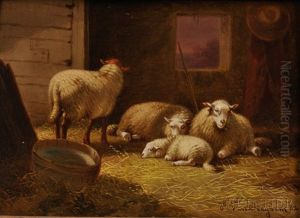 Sheep At Rest In A Barn And Sheep With A Lamb And Chickens In A Landscape (2 Works) by Jacob Van Dieghem